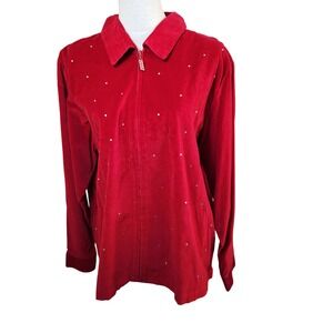 Quacker Factory Red Velvet Rhinestone Zip Up Shirt Jacket Womens Plus 1X Holiday